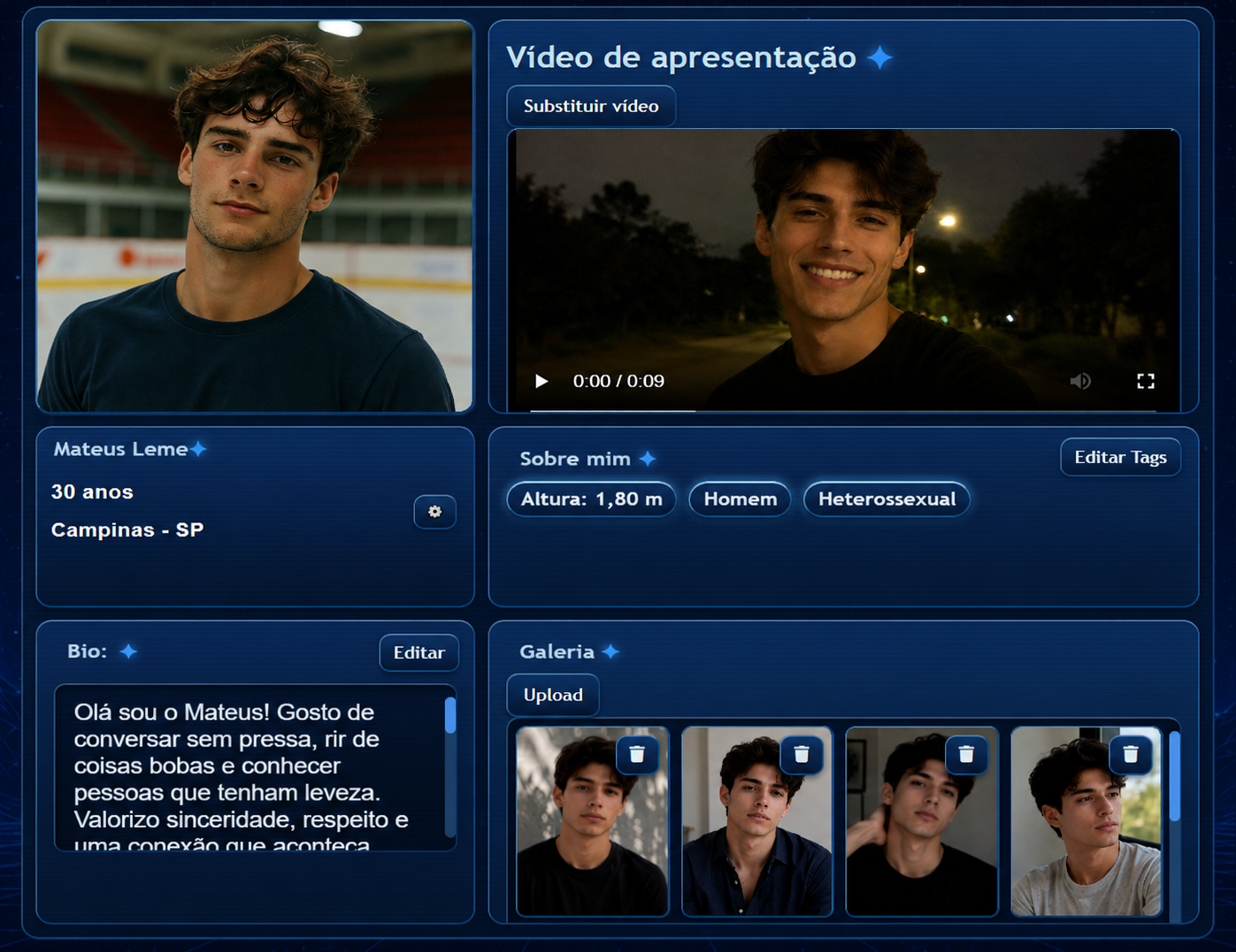 Perfil do Enconei com foto, vídeo de apresentação, bio, tags e galeria
